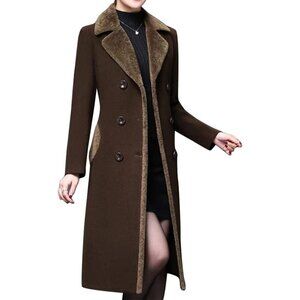 Women's Fur Collar Wool Coats Double Breasted Long Peacoat Jackets Brown